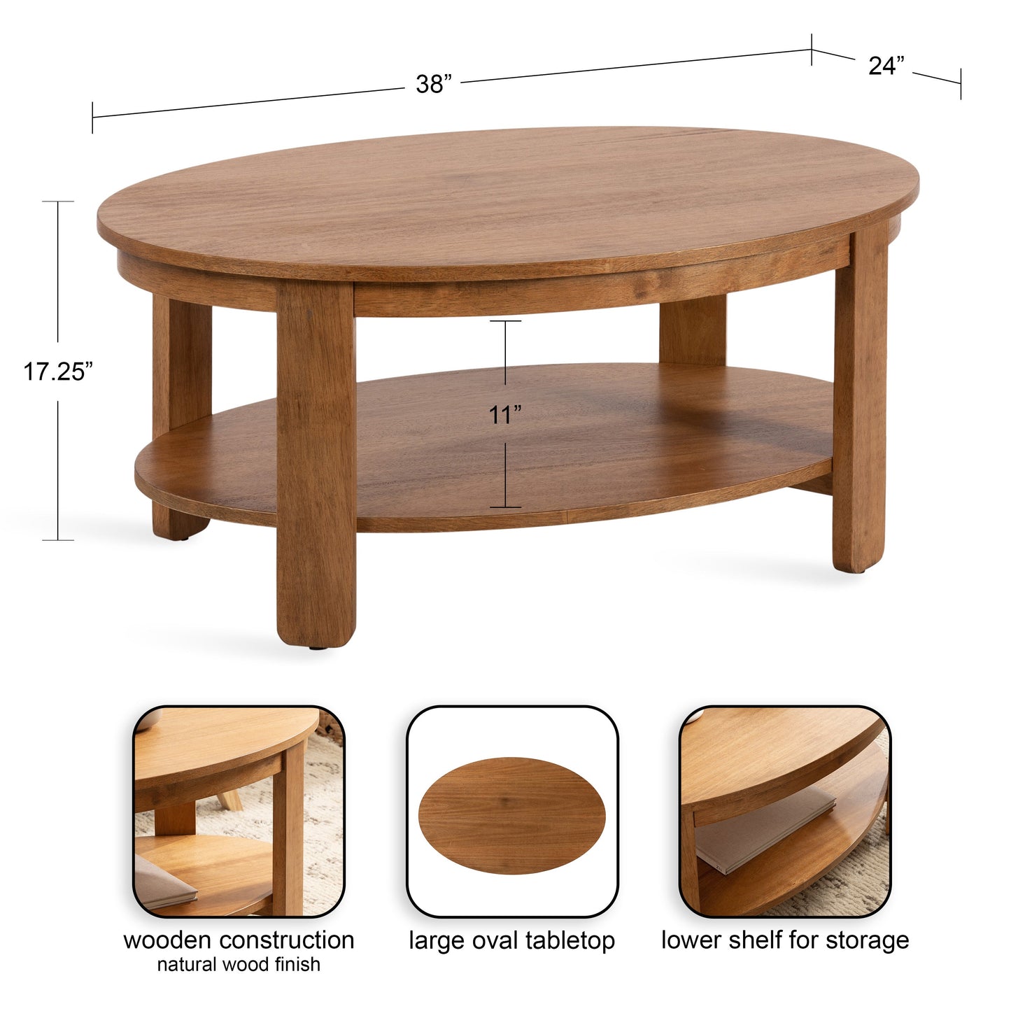 Sleek Oval Wood Coffee Table - 38" x 24" - Black and Natural - Easy Assembly
