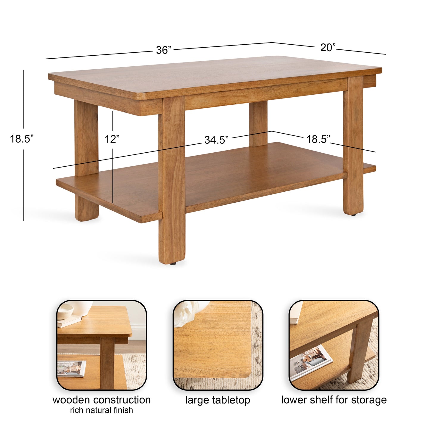 Sophisticated Rectangle Coffee Table in 3 Finishes - Solid and Engineered Wood - Easy Assembly