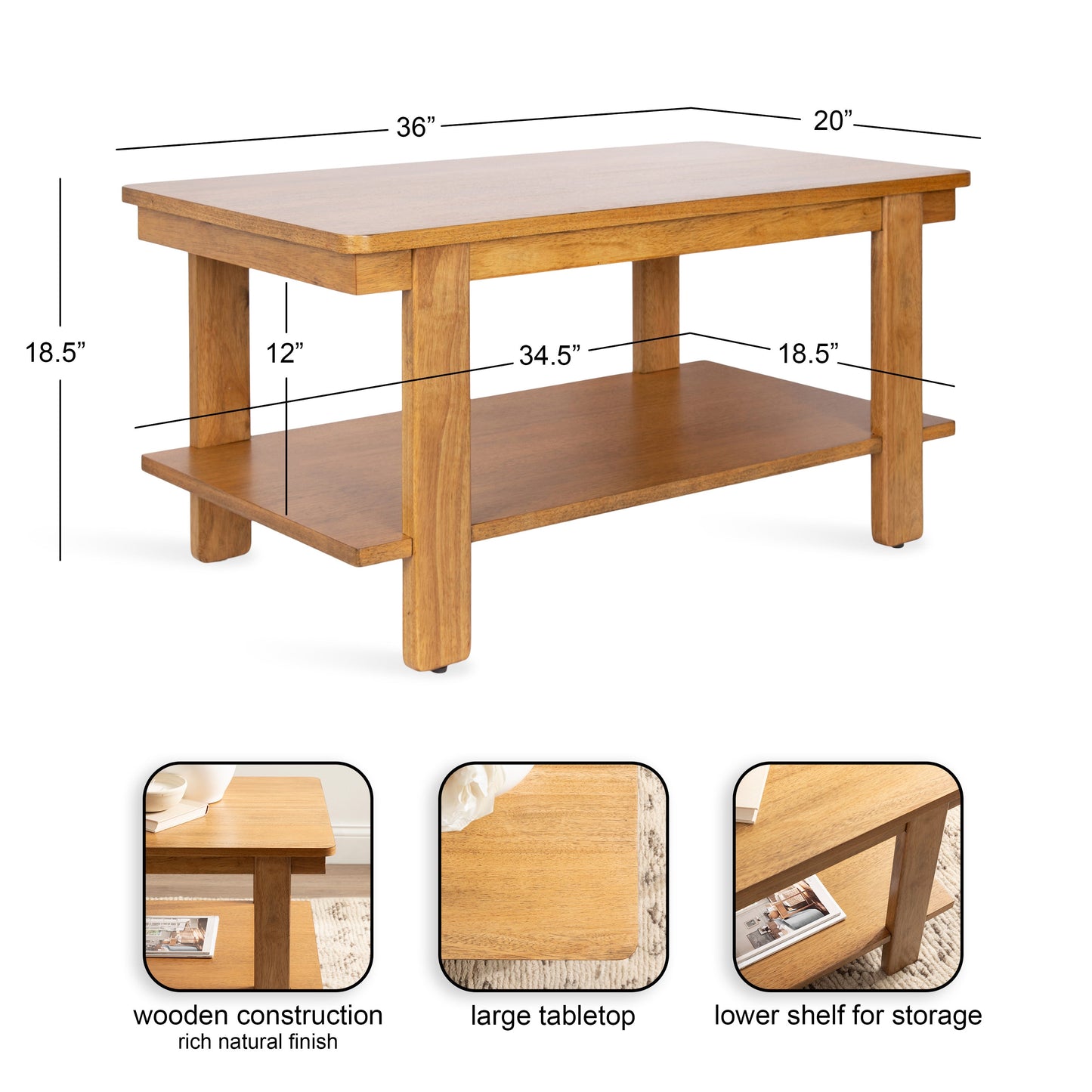 Sophisticated Rectangle Coffee Table in 3 Finishes - Solid and Engineered Wood - Easy Assembly