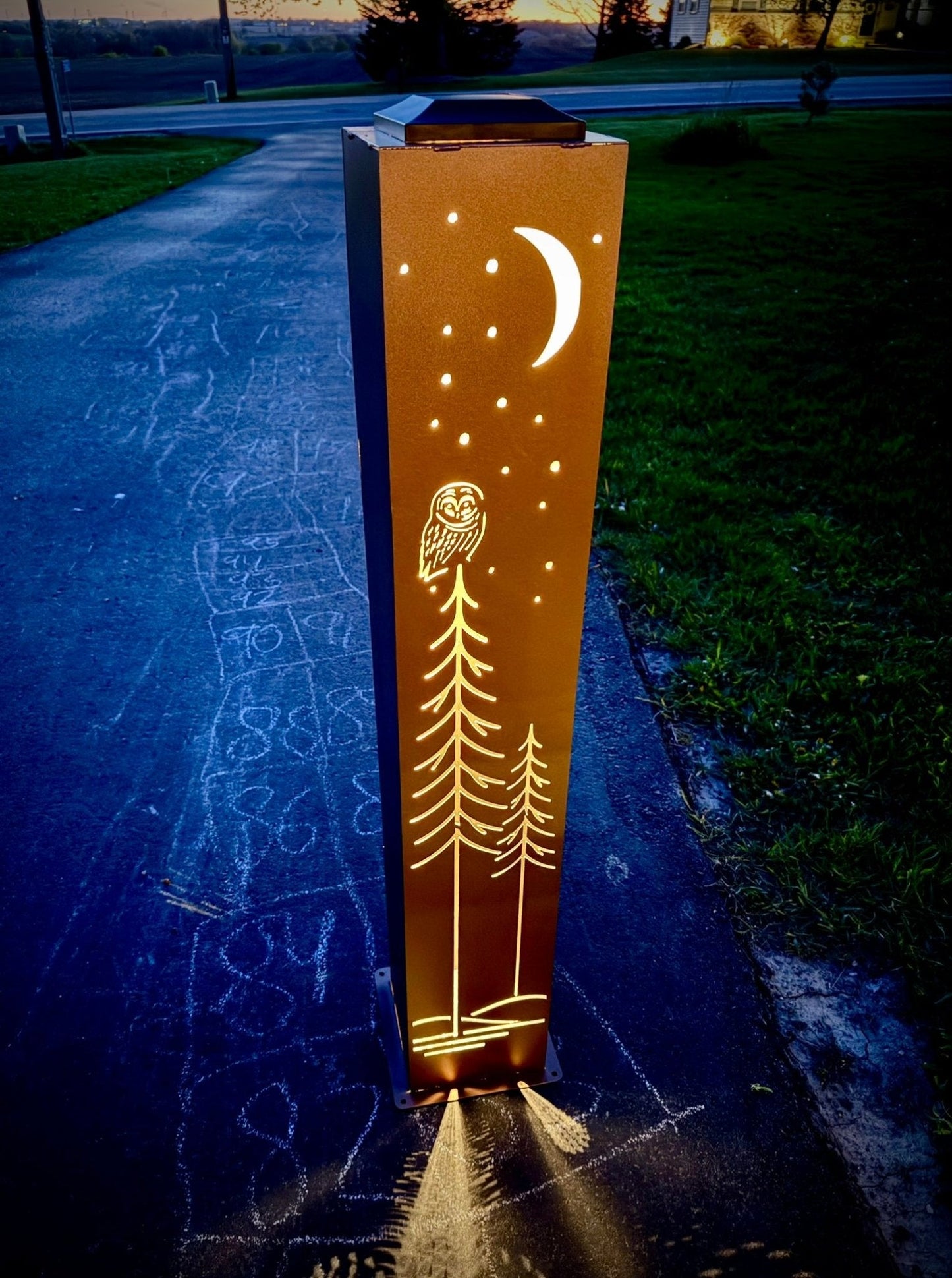 Simple Pine Owl Solar-Illuminated Pillar - Steel - Corten (Weathering Steel) Available