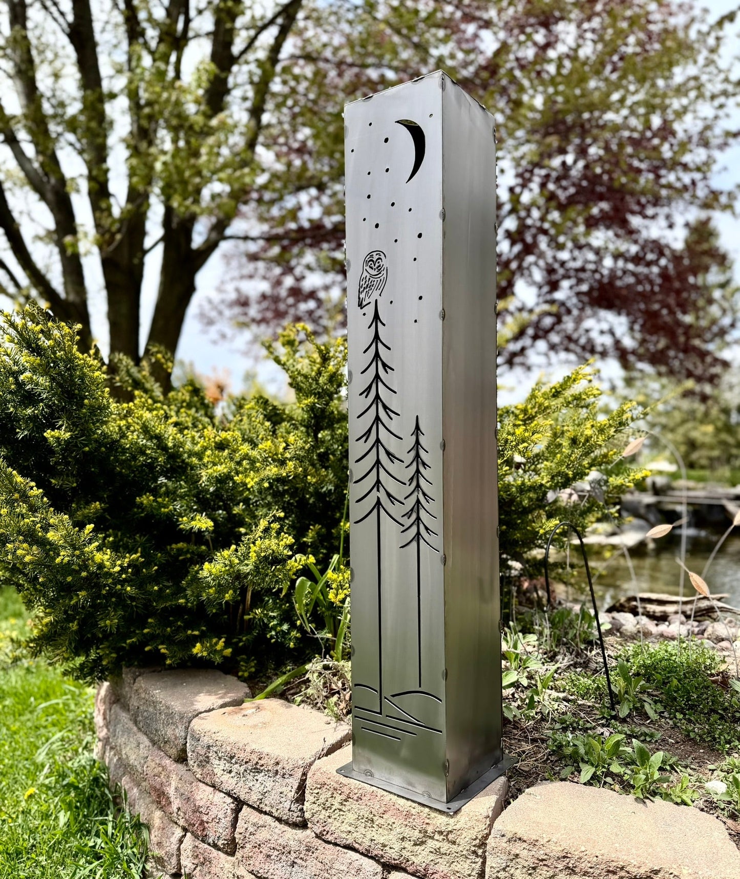 Simple Pine Owl Solar-Illuminated Pillar - Steel - Corten (Weathering Steel) Available