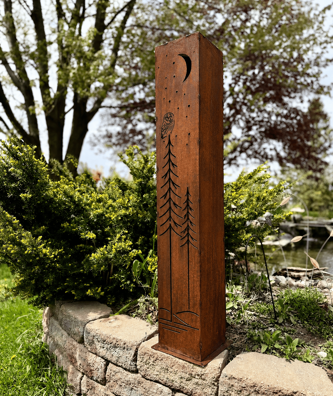 Simple Pine Owl Solar-Illuminated Pillar - Steel - Corten (Weathering Steel) Available