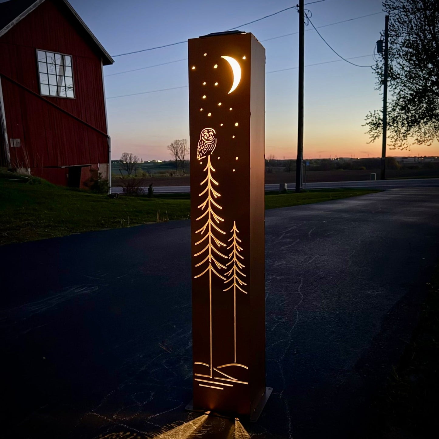 Simple Pine Owl Solar-Illuminated Pillar - Steel - Corten (Weathering Steel) Available