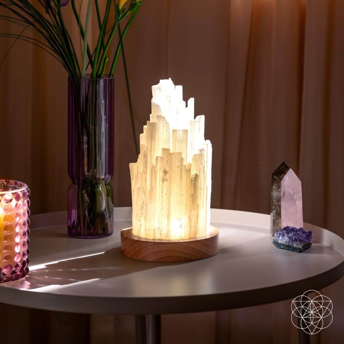 Hand-made Selenite Crystal Lamp - Remote Control of 30 Light Modes for Peace and Healing