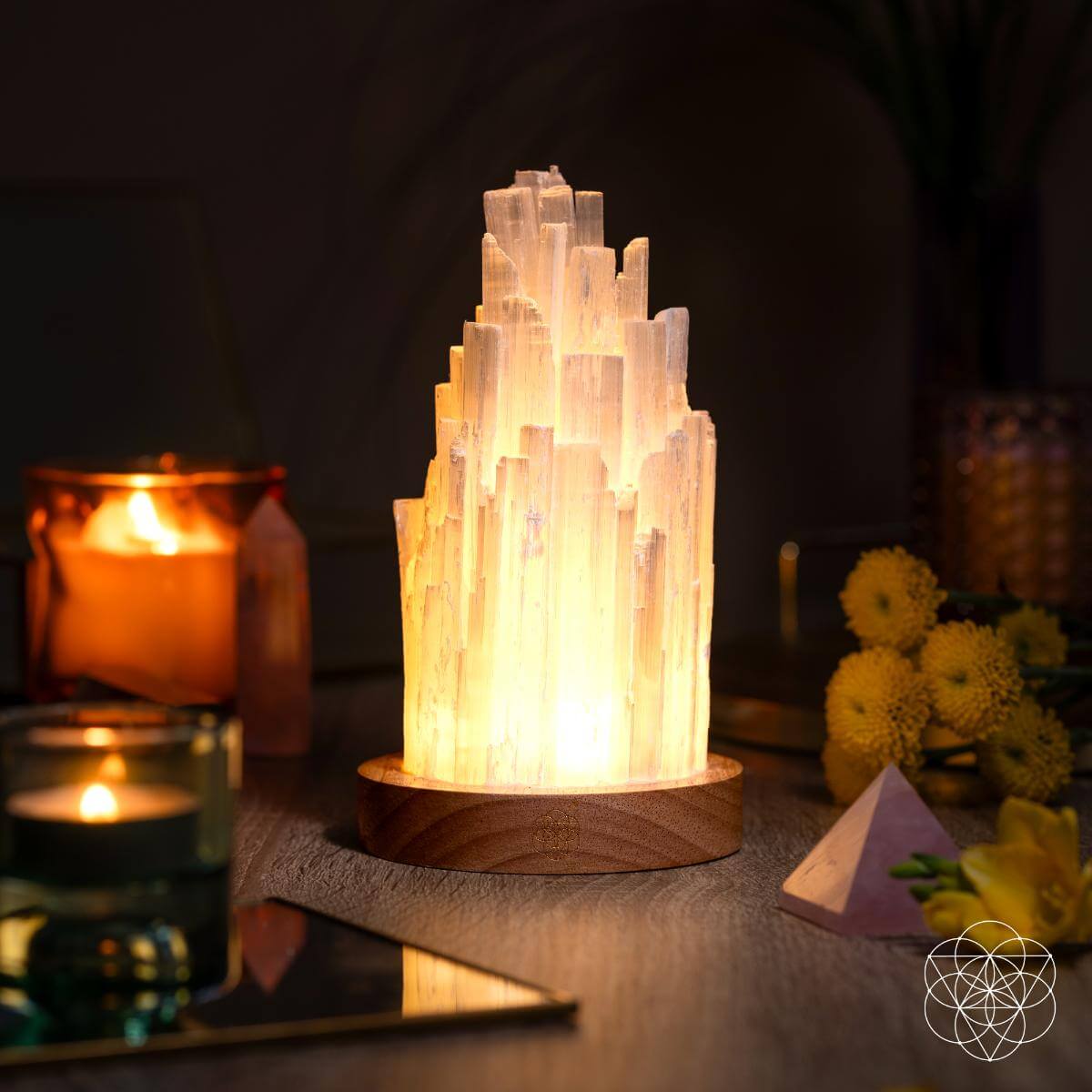 Hand-made Selenite Crystal Lamp - Remote Control of 30 Light Modes for Peace and Healing