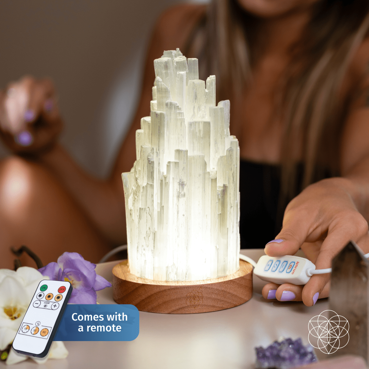 Hand-made Selenite Crystal Lamp - Remote Control of 30 Light Modes for Peace and Healing