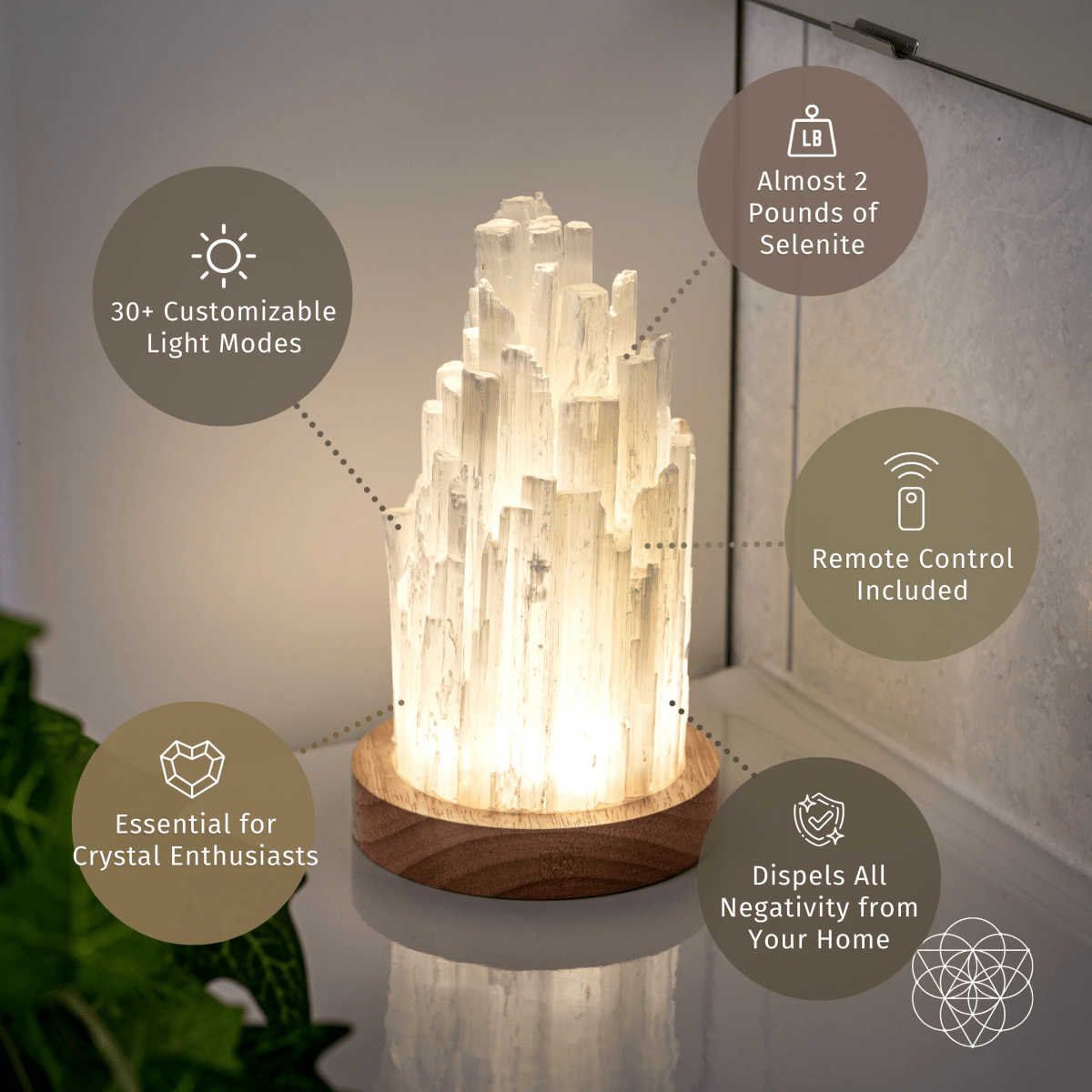 Hand-made Selenite Crystal Lamp - Remote Control of 30 Light Modes for Peace and Healing