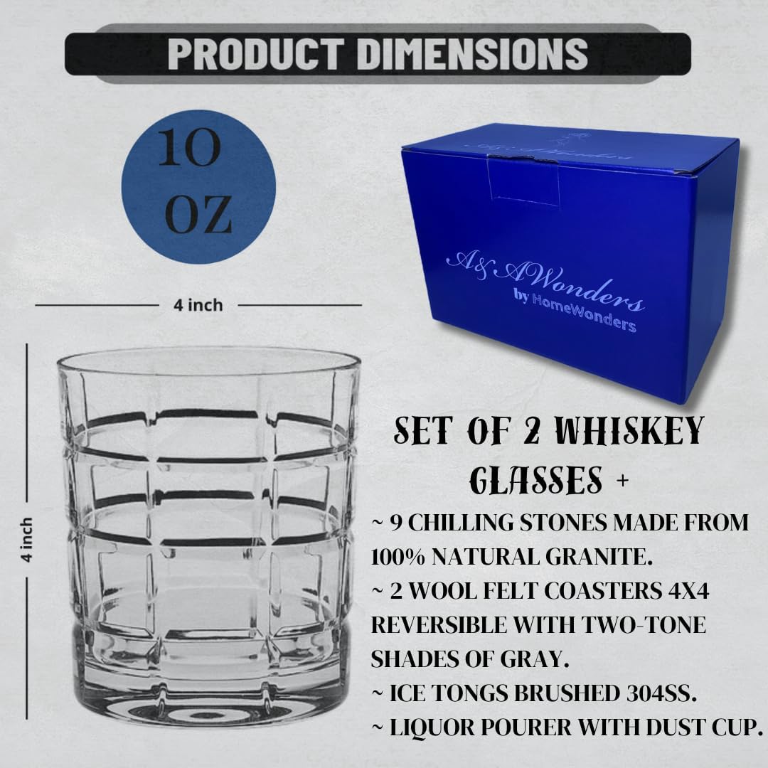 Premium Whiskey or Scotch Glasses - Set of 2 with Whiskey Stones, Coasters, Spout and Ice Tongs