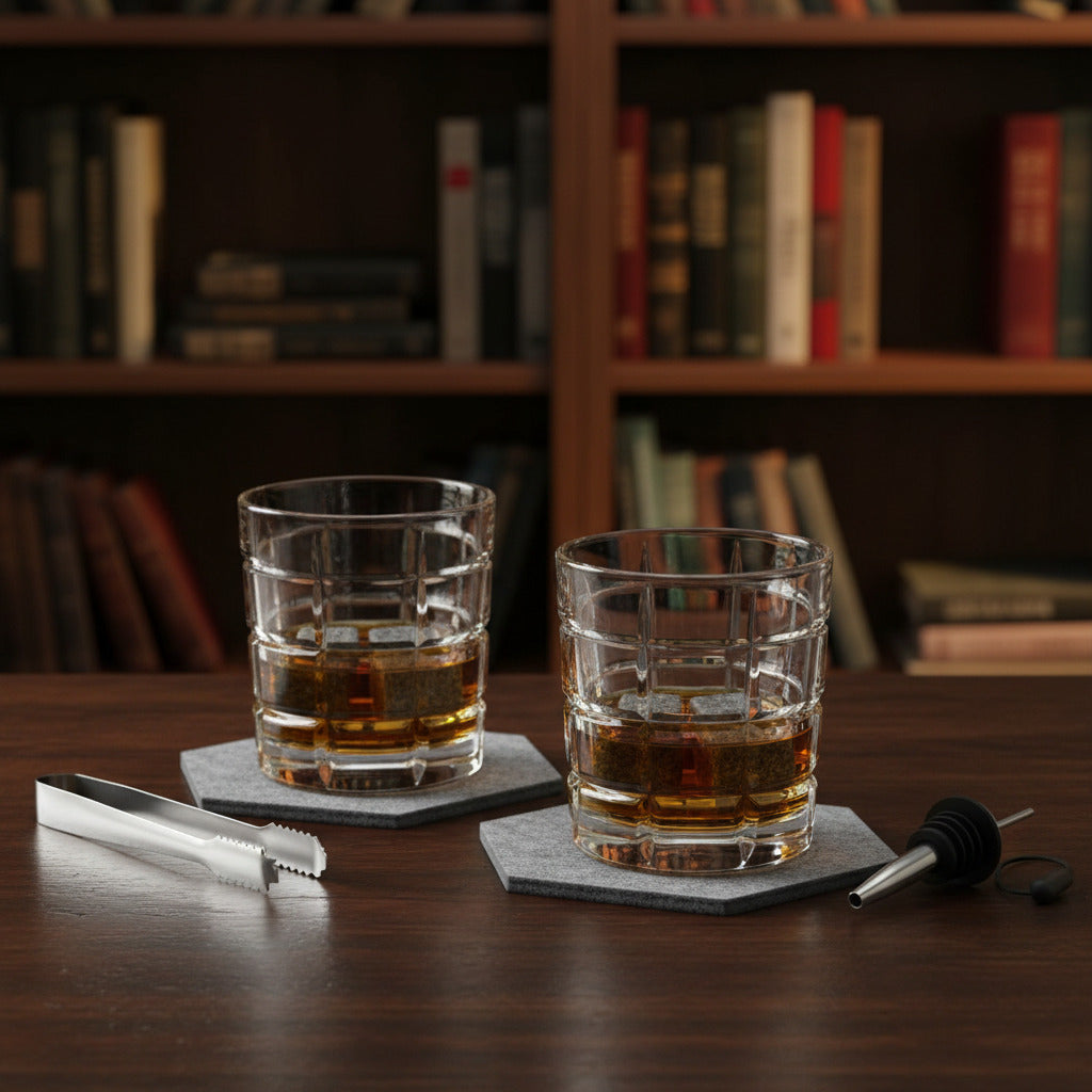 Premium Whiskey or Scotch Glasses - Set of 2 with Whiskey Stones, Coasters, Spout and Ice Tongs