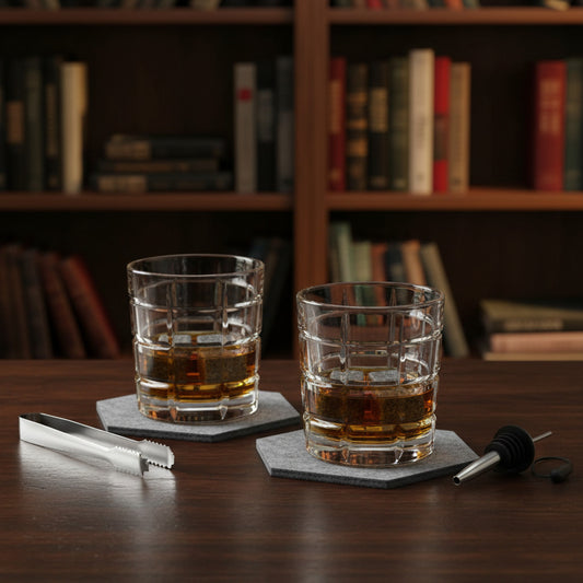 Premium Whiskey or Scotch Glasses - Set of 2 with Whiskey Stones, Coasters, Spout and Ice Tongs