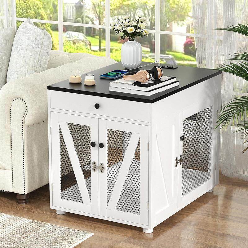 Dog Crate End Table/Nightstand with Drawer & USB Charging - Easy Assembly
