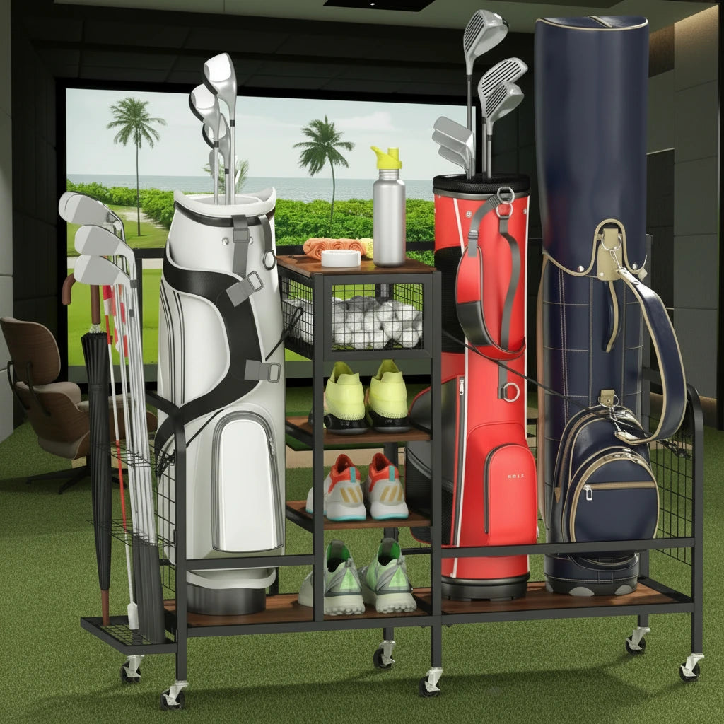 Cozyman Golf Bag Organizer - All Your Golf Gear in One Spot - In Simulator Room or Garage